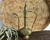 Vintage Etched Brass Aftaba, Indian Tea Pot, Brass Ewer or Pitcher, Boho Decor