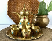 Vintage Middle Eastern Coffee or Tea Set, Turkish, Islamic, Jeweled Brass Dallah and cups, Boho Decor