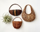 One Vintage Wicker Wall Pocket, Air Plant Holder, Boho Wall Decor