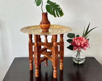 Vintage Small Moroccan Brass Tray Table With Ornate Wood Legs