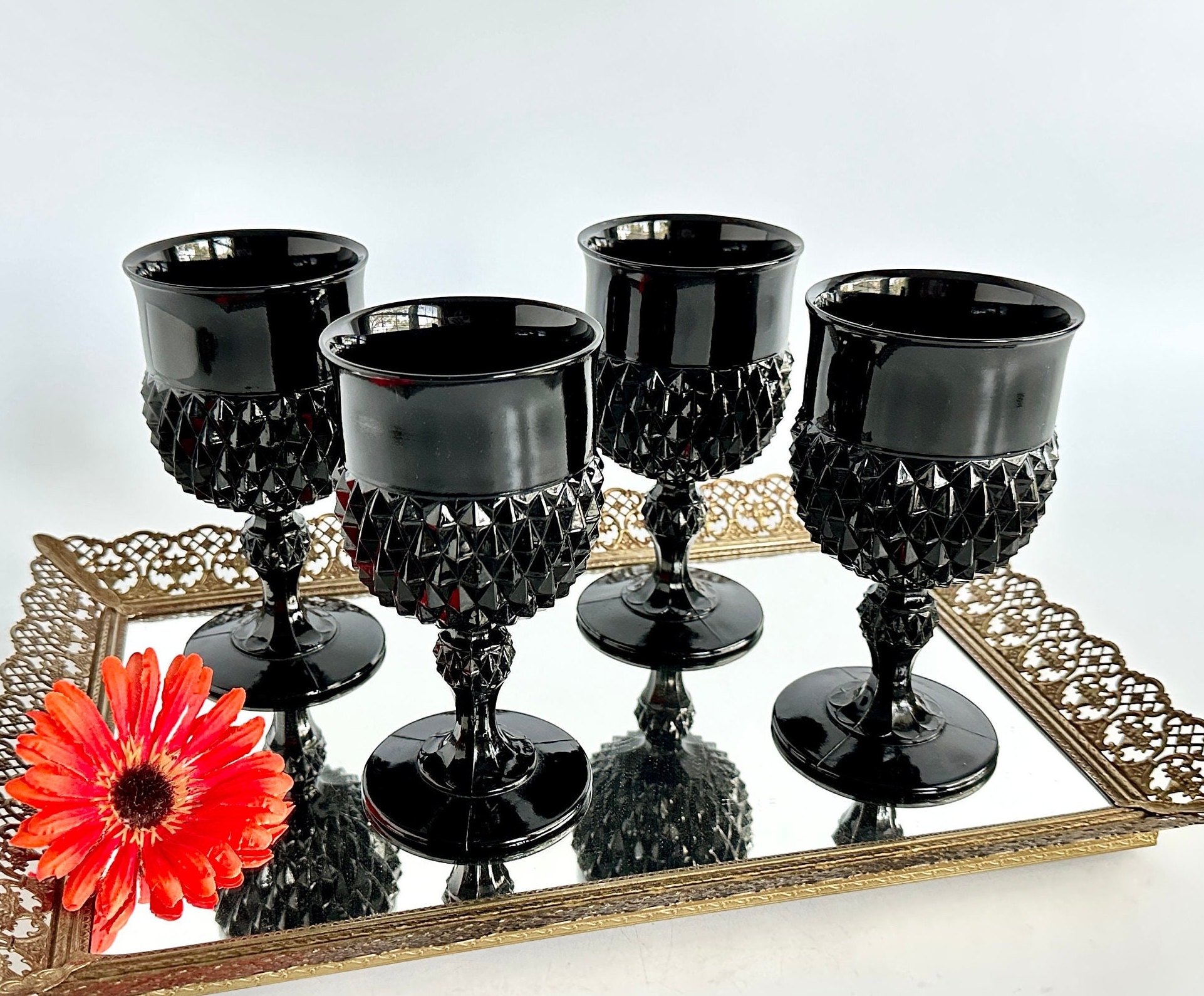 Vintage 4 Premiere Black Libbey Four Water Glasses Large Mod