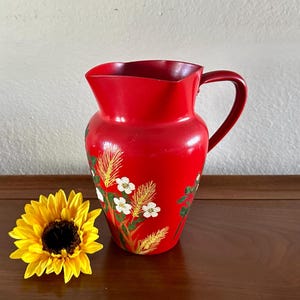 Vintage Red Hand Painted Aluminum Pitcher, Made in Portugal