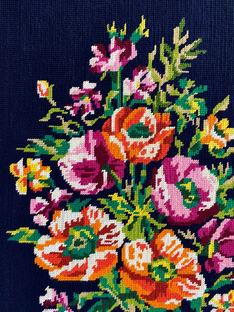 Embroidery of Flowers Margot De Paris Vintage Large Framed Floral Needlepoint
