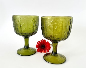 Vintage Set of 2 FTD 1975 Large Olive Green Goblets