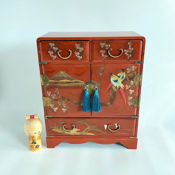 Vintage Japanese Red Lacquered Jewelry Box, Jewelr