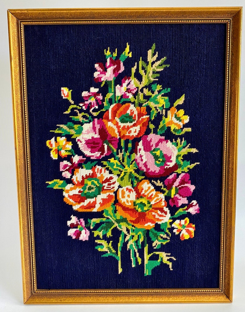 Embroidery of Flowers Margot De Paris Vintage Large Framed Floral Needlepoint