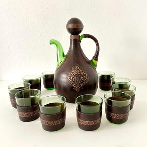 Vintage Italian Leather Wrapped Green Glass Wine Decanter with Ice Chamber and 10 Matching Glasses