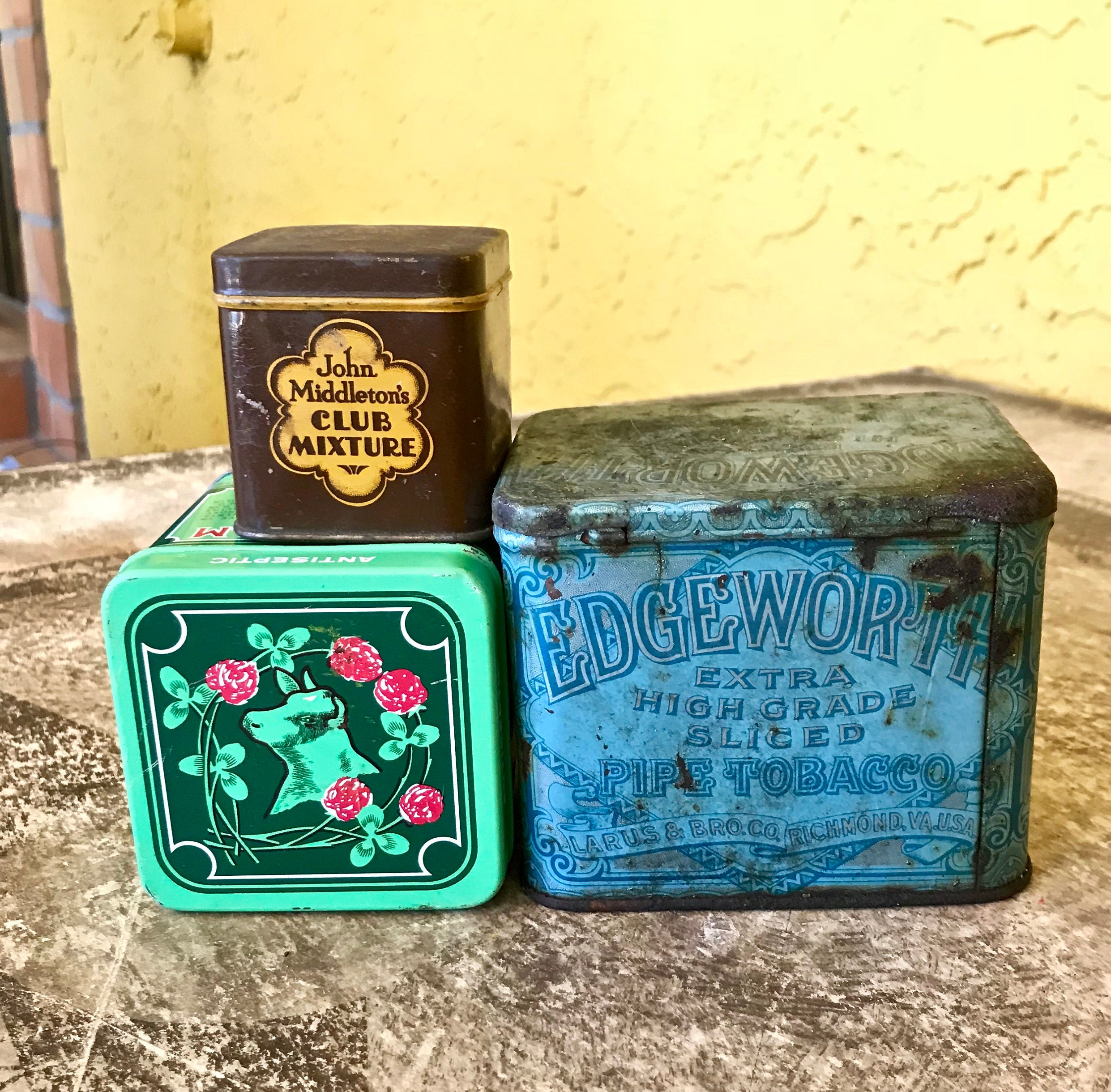 Lata de tabaco vintage, colección de 3, Edgeworth, John Middleton's Bag Balm