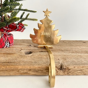 One Vintage Brass Christmas Tree Heavy Stocking Holder, Engraved &quot;Mommy&quot;