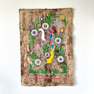 Vintage Large Mexican Amate Bark Painting Of Birds, Folk Art