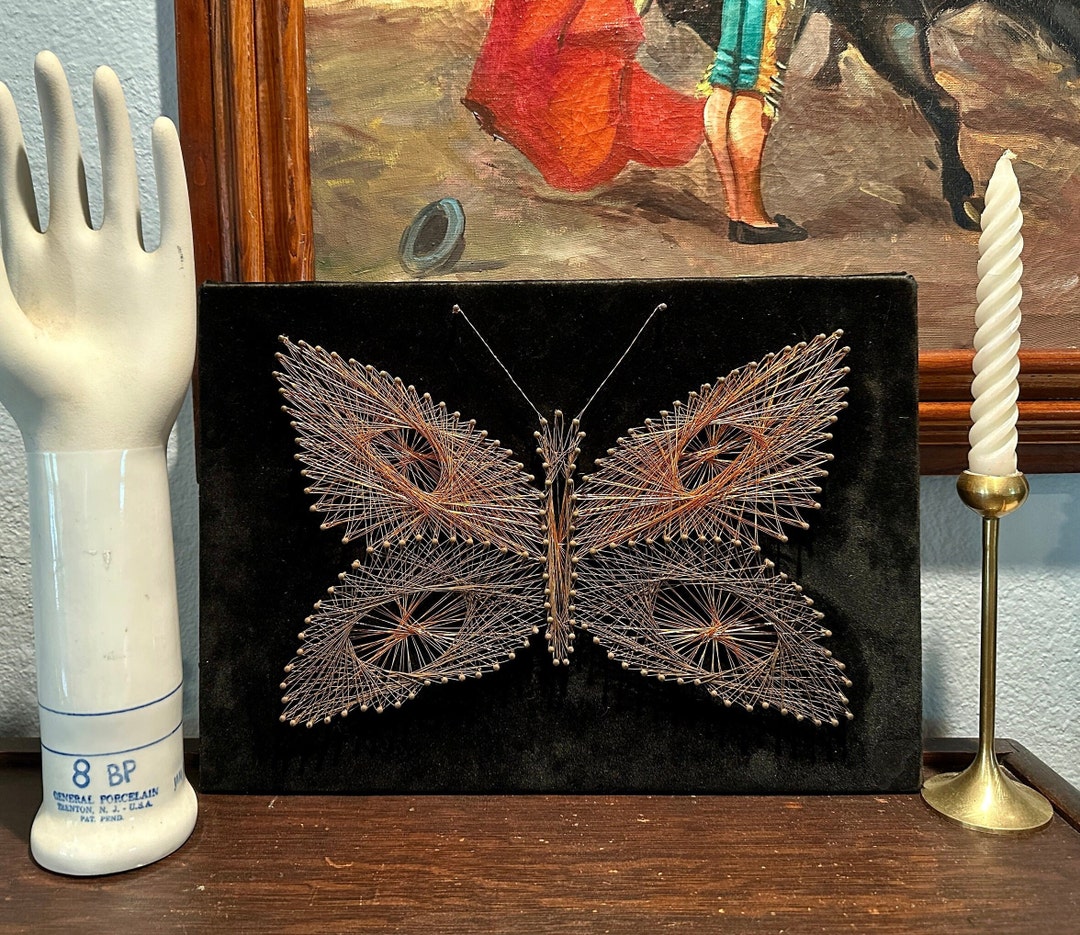 Vintage Copper Wire String Art Butterfly on Black Velvet Etsy