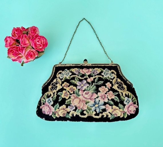 Vintage 30s Petit Point Purse Tapestry Needlepoint Bag