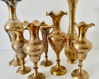 Vintage Etched Brass Vase: Boho Floral Decor