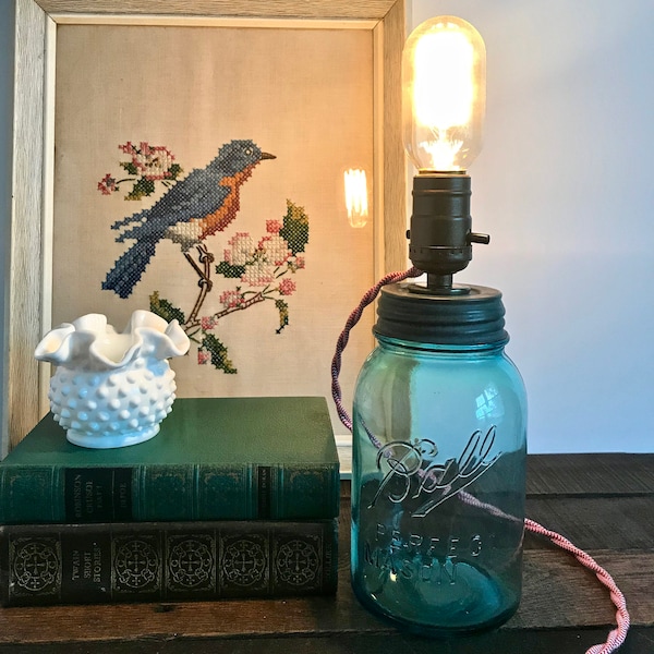 Vintage Blue Mason Jar Lamp,  Repurposed Lighting