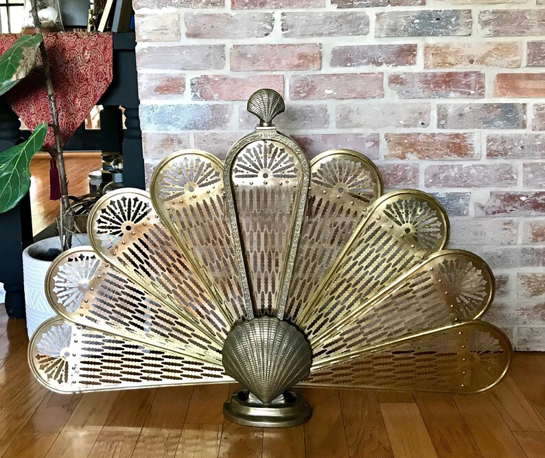 Vintage Brass Fireplace Screen S Handle Pea Fan Folding