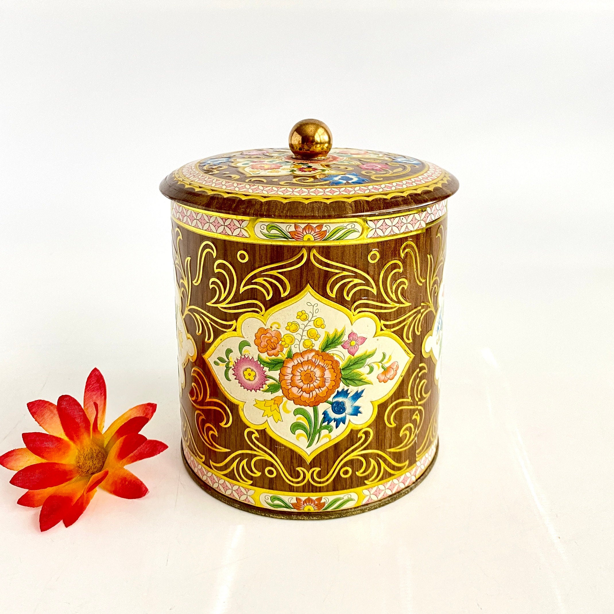 Beautiful Gold Detailed Flowers And Birds Design Made In England Vintage Design By Daher Round Lidded Box Tin