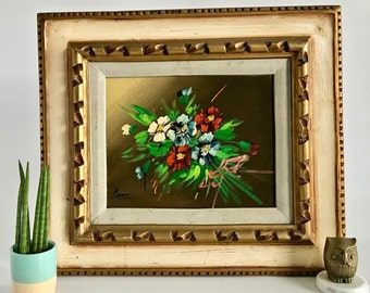 Vintage Framed Original Oil Painting, Blue, White and Red Flowers, Faux Wood Frame