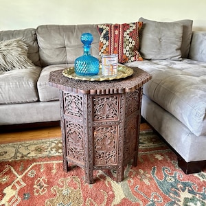 Vintage Hand Carved Large Indian Octagonal Folding Side Table