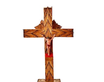 Vintage Tramp Art Matchstick Crucifix On Base