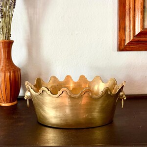 Vintage Brass Scalloped Bowl with Lion Head Handles