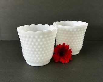 Vintage Milk Glass Hobnail Planters, Fire King, Set of 2