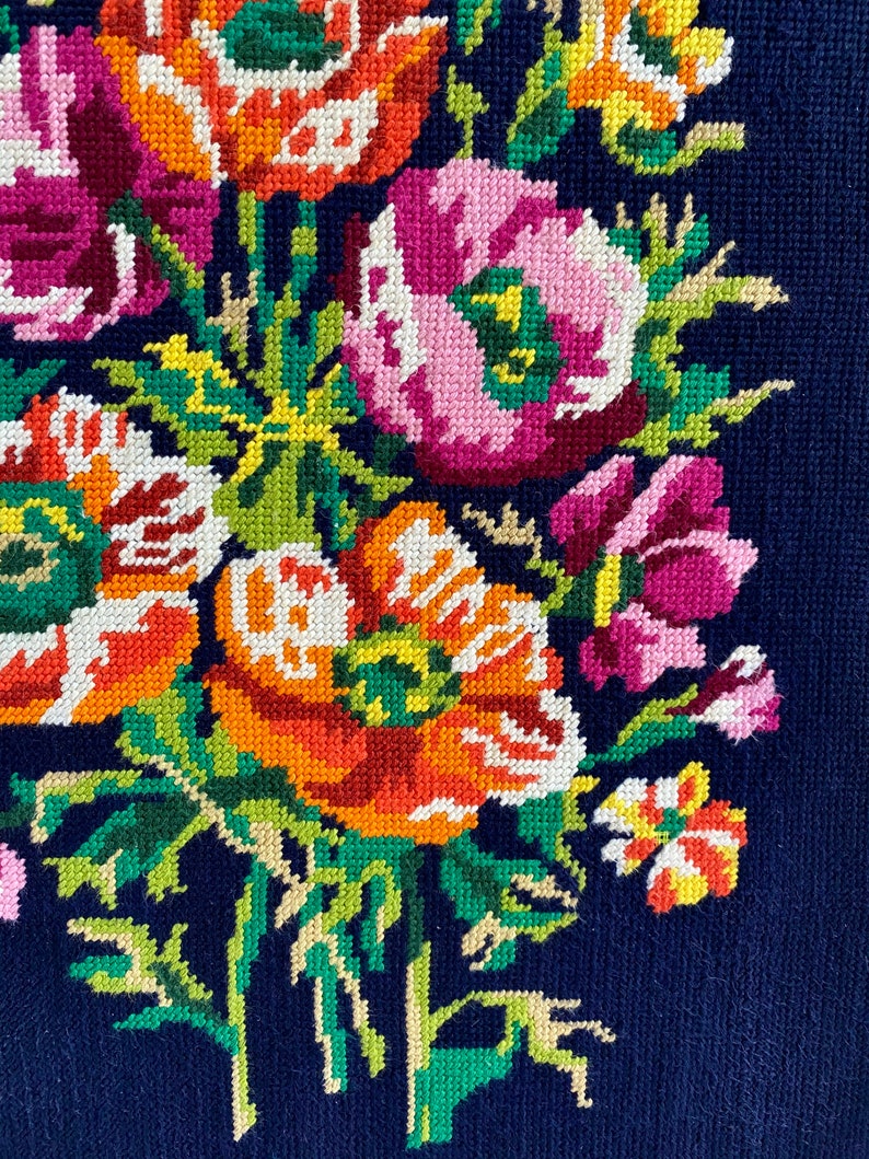 Embroidery of Flowers Margot De Paris Vintage Large Framed Floral Needlepoint