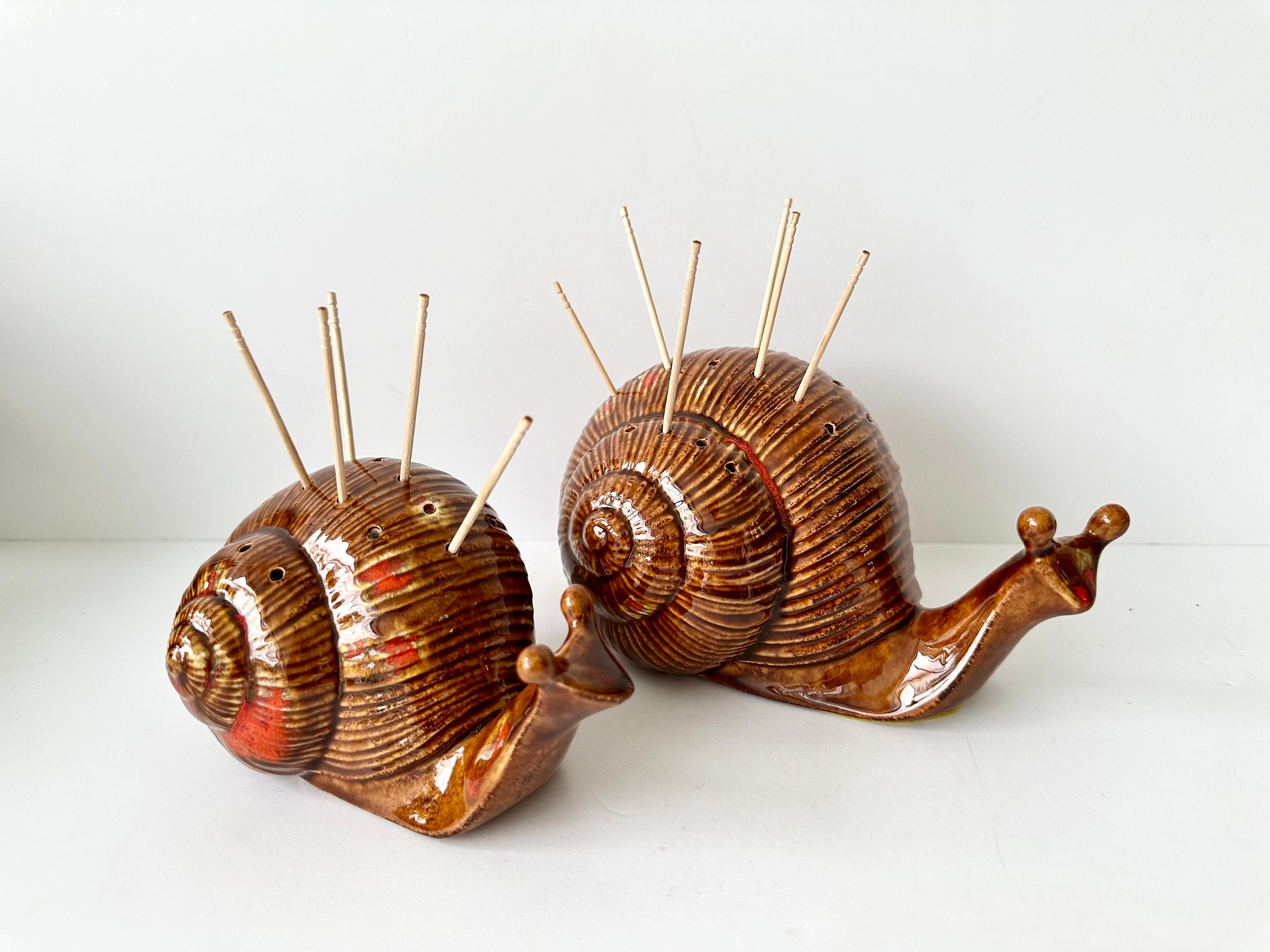 2 Vintage Ceramic Snail Figurines Drip Glazed White Red Orange Garden Decor