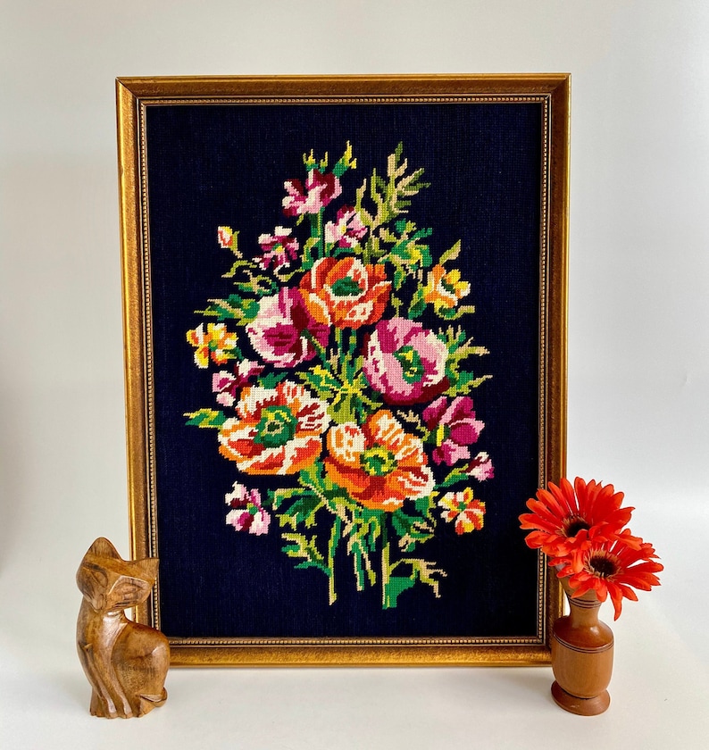 Embroidery of Flowers Margot De Paris Vintage Large Framed Floral Needlepoint