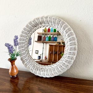 Vintage Wicker White Round Wall Mirror, 13&quot; Diameter