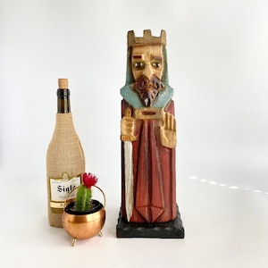 Vintage Carved Wood King Wine Bottle Holder, Mid Century Spain