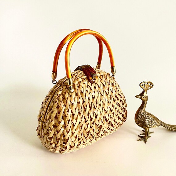 Vintage Wicker Lucite Purse, 1960s Handbag, Made i