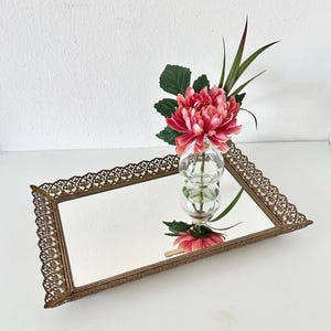 Vintage Rectangular Mirrored Vanity Tray with Ornate Antique Gold Filigree Border