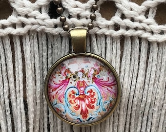 Antique French Design Glass Pendant Necklace 1" Glass Pendant Glass Necklace Glass Jewelry Gift Under 20 Gift for Her Pink and Red Pendant