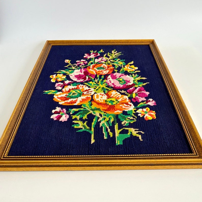 Embroidery of Flowers Margot De Paris Vintage Large Framed Floral Needlepoint