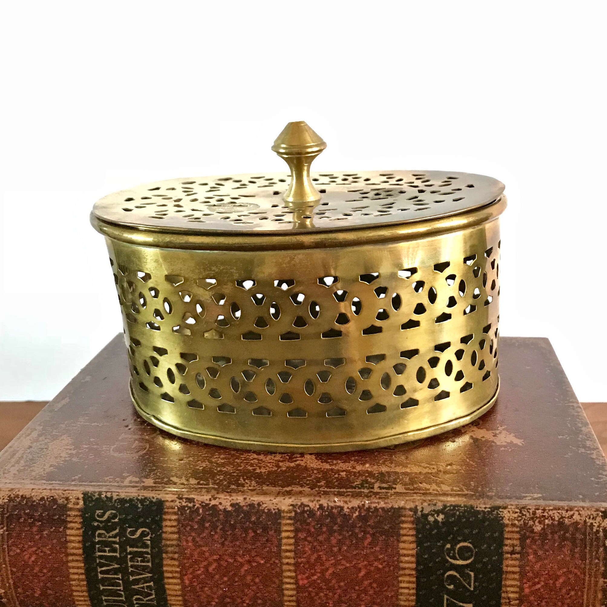 Vintage Brass Box Oval Box with Lid Trinket Box with Punched Etsy