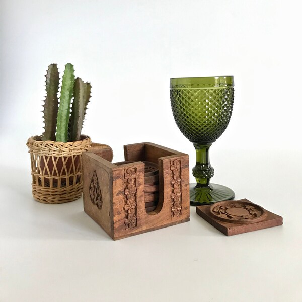 Vintage Hand Carved Wood Coasters and holder, Vintage Coasters