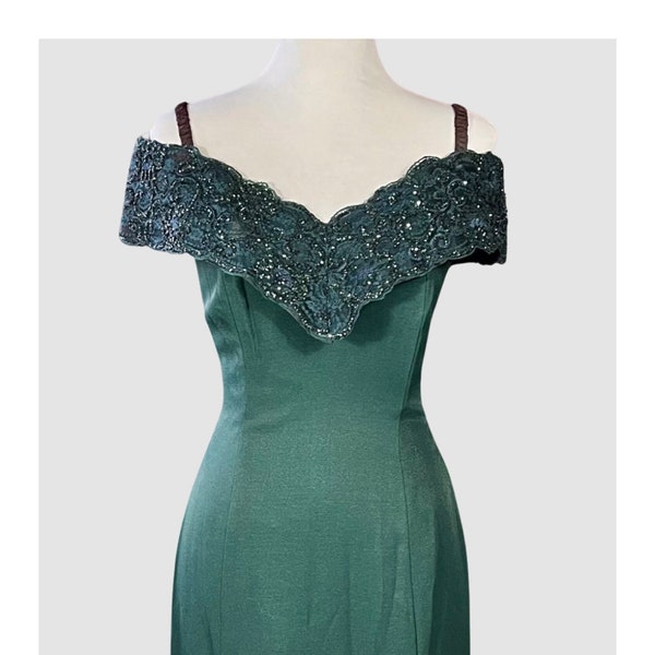 Vintage Off-shoulder Forest Green Midi Dress