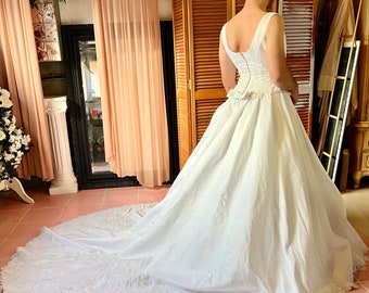 Sleeveless White Satin Ballgown with Floral Lace and Pearl Detail