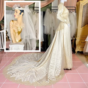 Champagne Vintage Wedding Dress With Lace Detail & Matching Veil