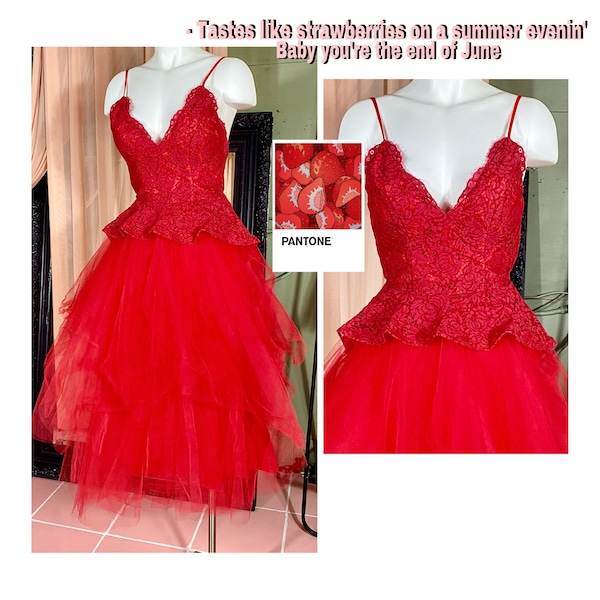 Bright Red Vintage Tea Dress With Lace Top & Layered Tulle Skirt