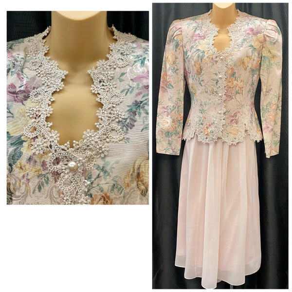 no no vintage Jupe mousseline 2 pièces avec veste à imprimé floral brocart