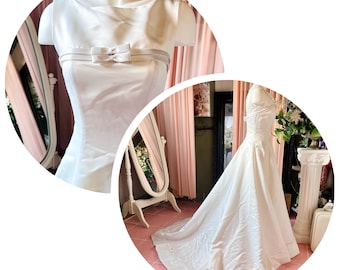 White Satin Sleeveless Wedding Gown With Full Skirt