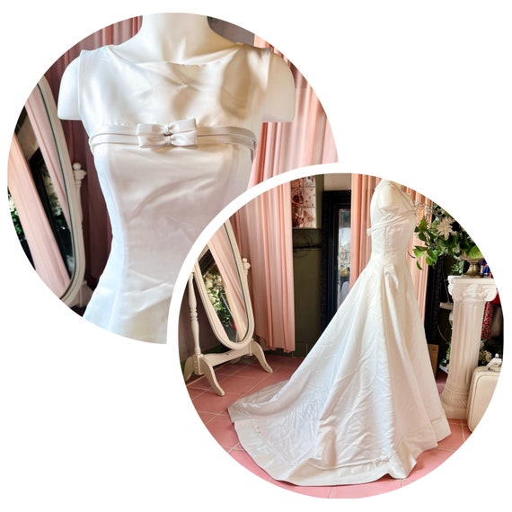 White Satin Sleeveless Wedding Gown With Full Skirt