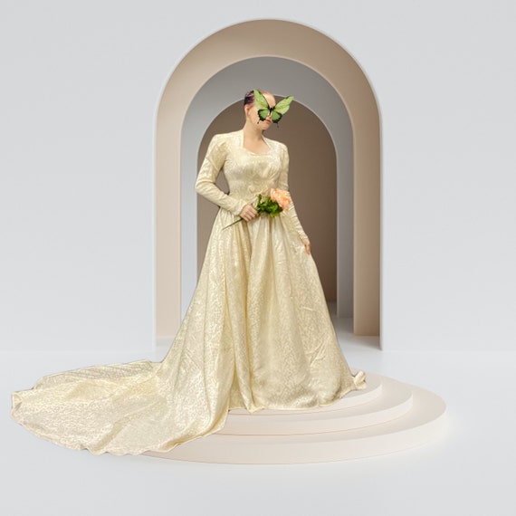 1960s Ivory Vintage Brocade Wedding Dress With Queen Anne Neckline
