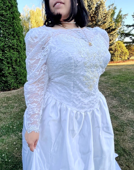 Soft Satin White Dress with Lace Top & Puff Sleeves