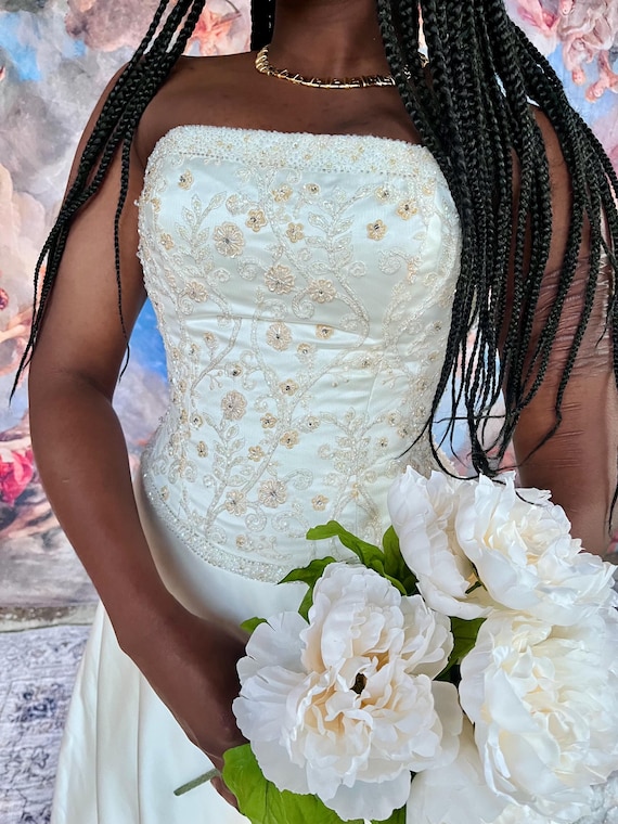 crystal embroidered wedding dress Vintage Crystal Embroidered Strapless Wedding Gown With Chapel Train