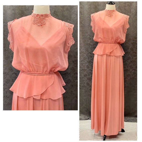 Cute 70's Vintage Peach Maxi Dress With Sheer High Collared Top