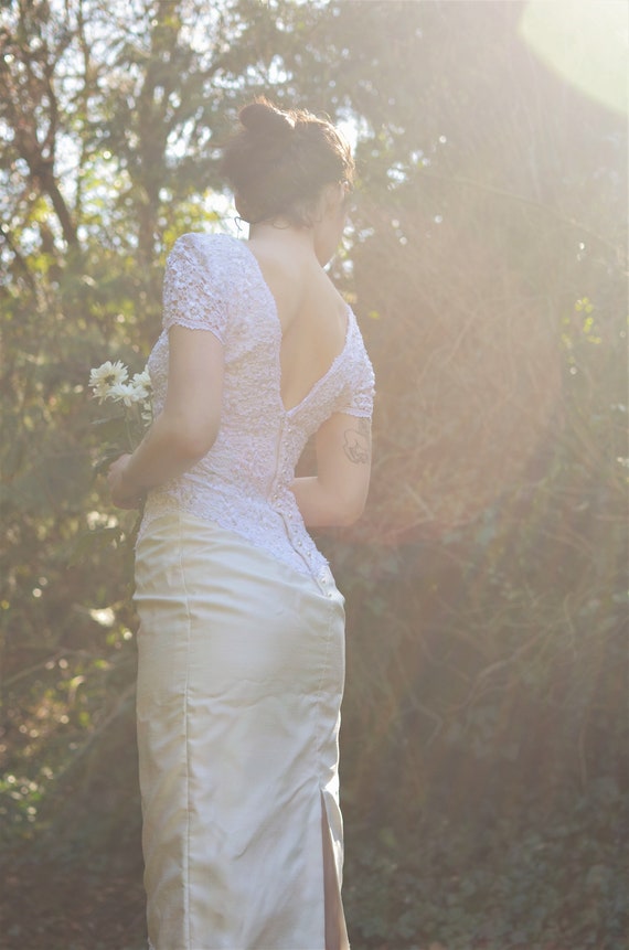 1980's slim skirt wedding dress with slit and beading