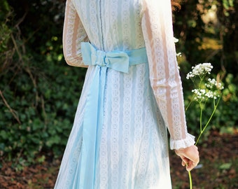 1970's vintage blue modest wedding dress with lace details