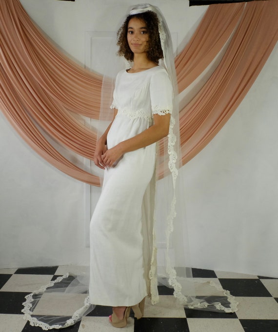 Vintage Linen Wedding Dress and Veil Set